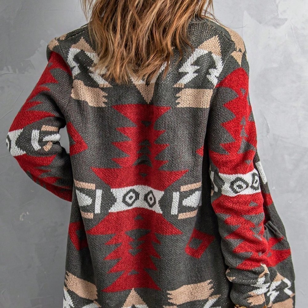 Multicolor Casual Womens Geo Pattern Dual Pocket Open Front Cardigan - Picture 3 of 5